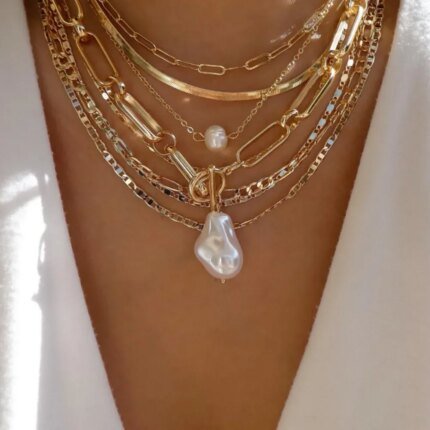 Boho Trendy Multi-Layer Crystal Pendant Necklace Set for Women – Vintage Gold Jewelry