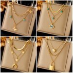 New Multilayer Choker Chain Jewelry Gift – Stainless Steel Butterfly Moon Lock Blue Eyes Pendant Necklace for Women