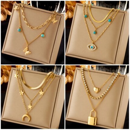 New Multilayer Choker Chain Jewelry Gift – Stainless Steel Butterfly Moon Lock Blue Eyes Pendant Necklace for Women