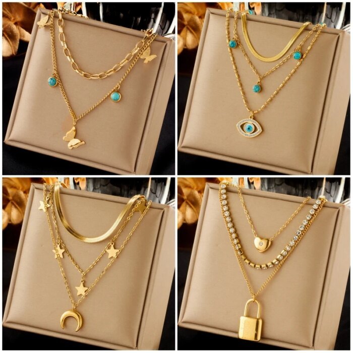 New Multilayer Choker Chain Jewelry Gift – Stainless Steel Butterfly Moon Lock Blue Eyes Pendant Necklace for Women