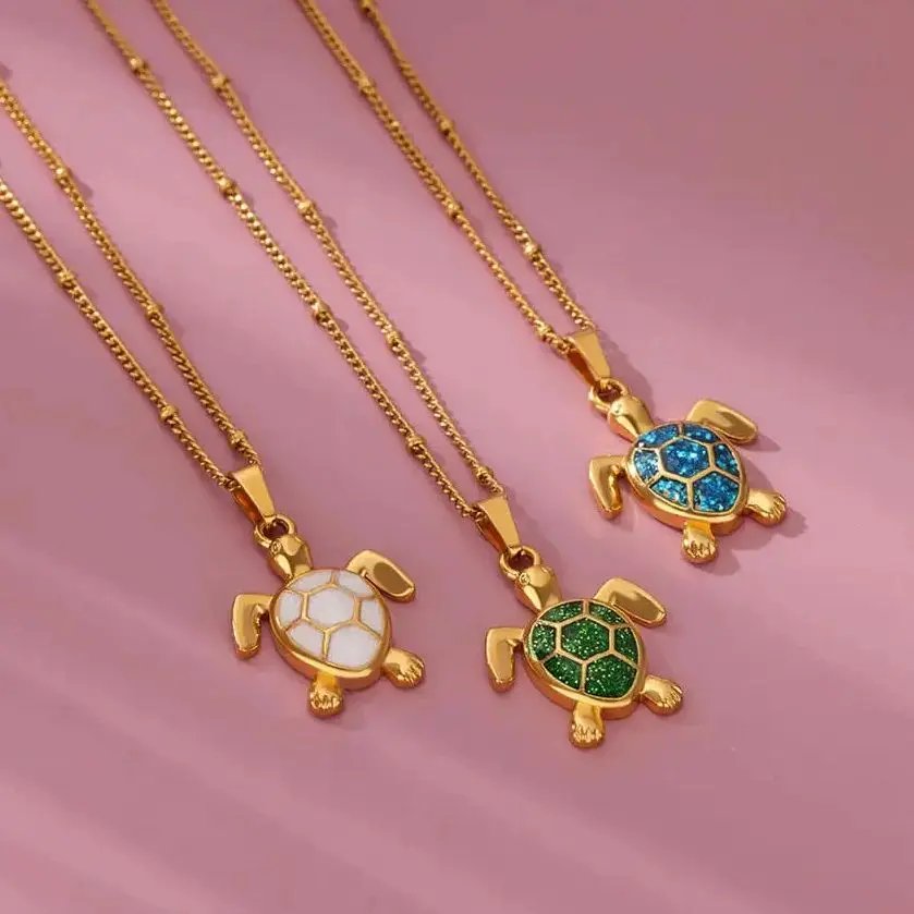 Colored Turtle Pendant Necklace for Her – Gold Color Stainless Steel Chain Summer Beach Jewelry