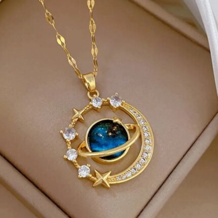 Astronaut Series Necklace for Women with Gold Color Planet Moon Pendant