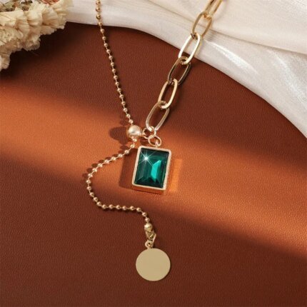 Green Zirconia Pendant Necklace for Her – Trendy Square Stainless Steel & Gold Color Metal Round Drop Jewelry