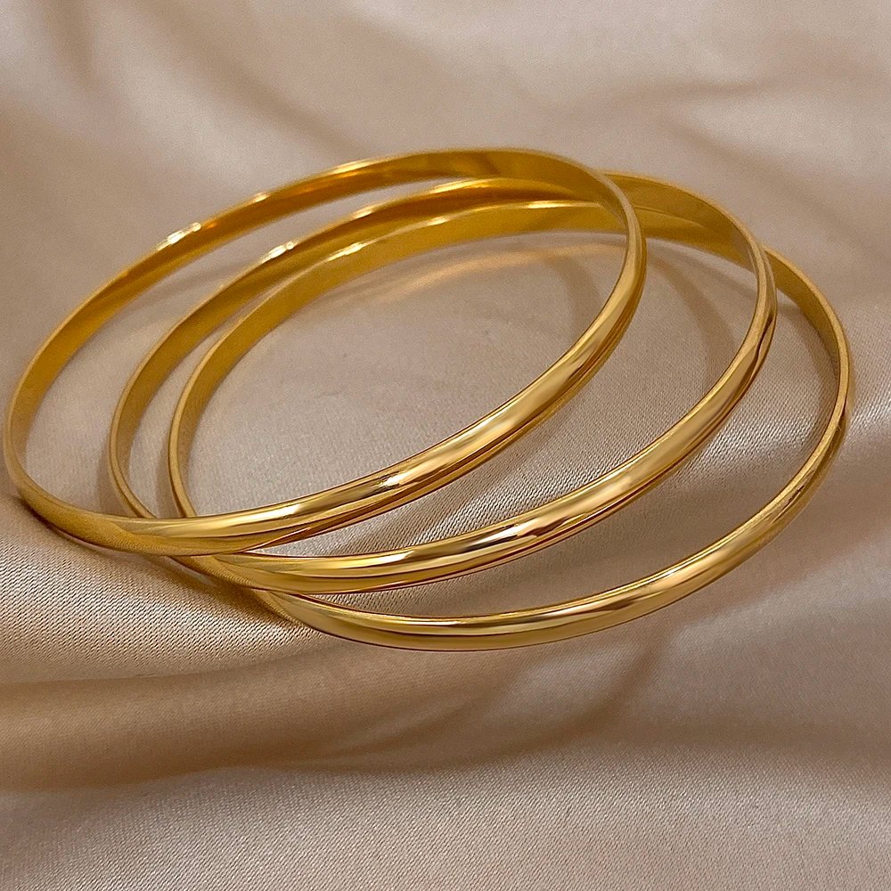 3pcs Glossy 18K Gold Plated Stainless Steel Bangle Bracelet for Women Minimalist Basic Wristband Bangles Waterproof Jewelry 3pcs Glossy 18K Gold Plated Stainless Steel Bangle Bracelet for Women Minimalist Basic Wristband Bangles Waterproof Jewelry