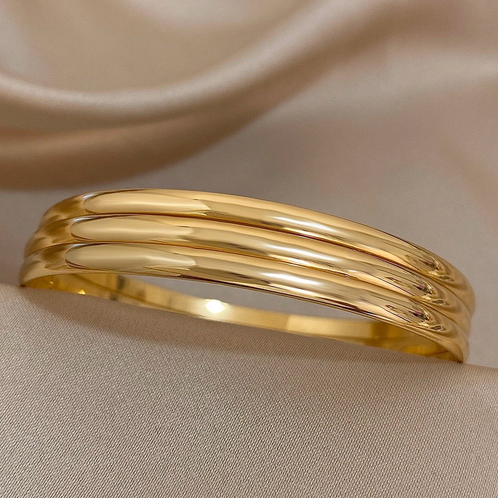 3pcs Glossy 18K Gold Plated Stainless Steel Bangle Bracelet for Women Minimalist Basic Wristband Bangles Waterproof Jewelry 3pcs Glossy 18K Gold Plated Stainless Steel Bangle Bracelet for Women Minimalist Basic Wristband Bangles Waterproof Jewelry