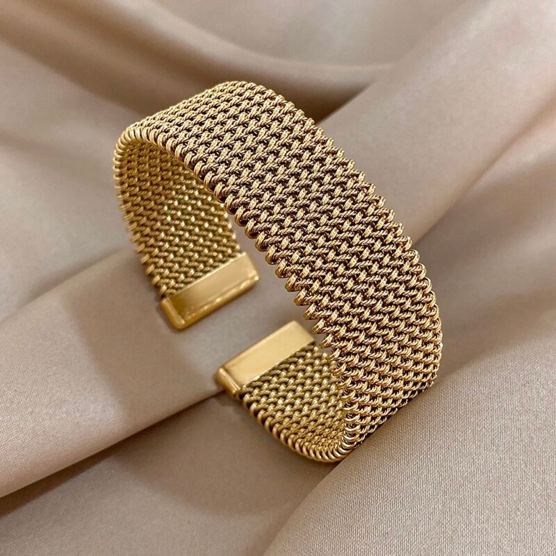 Vintage Braided Open Bracelet Stainless Steel Gold Mesh Cuff