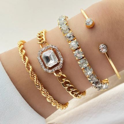 4 Piece Set Luxurious Bracelets for Women – Crystal Shiny Adjustable Opening Chain Bracelets