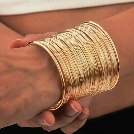 Gold Plated Wide Wire Bracelet Cuff Bangle for Women