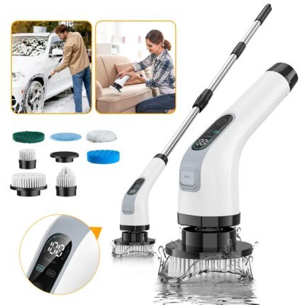 Cordless Handheld Shower Scrubber with 7 Brush Heads for Bathroom and Kitchen Cleaning