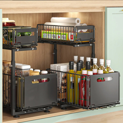 "Pull-Out Under Sink Organizer with 2-Tier Adjustable Height Sliding Shelf for Kitchen and Bathroom Storage"