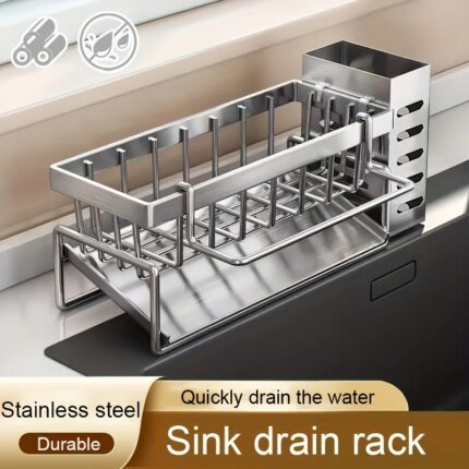 "Sink Cleaning Tools Storage Rack made of stainless steel for kitchen organization"