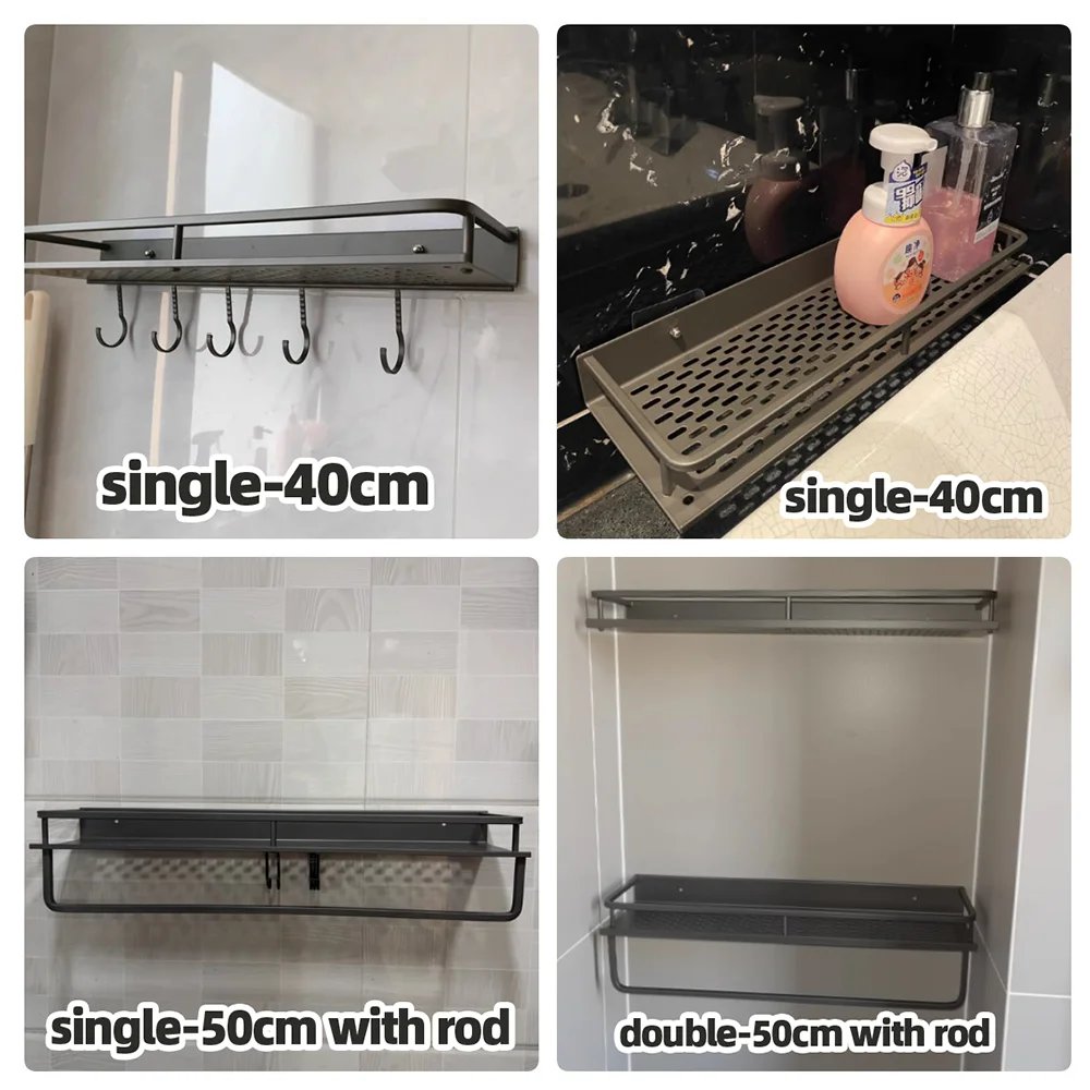 1/2Pcs No Punch Spice Rack Wall Mounted Kitchen Spice Organizer with Hook Rod Seasoning Rack Spice Shelf Bathroom Kitchen Shelf