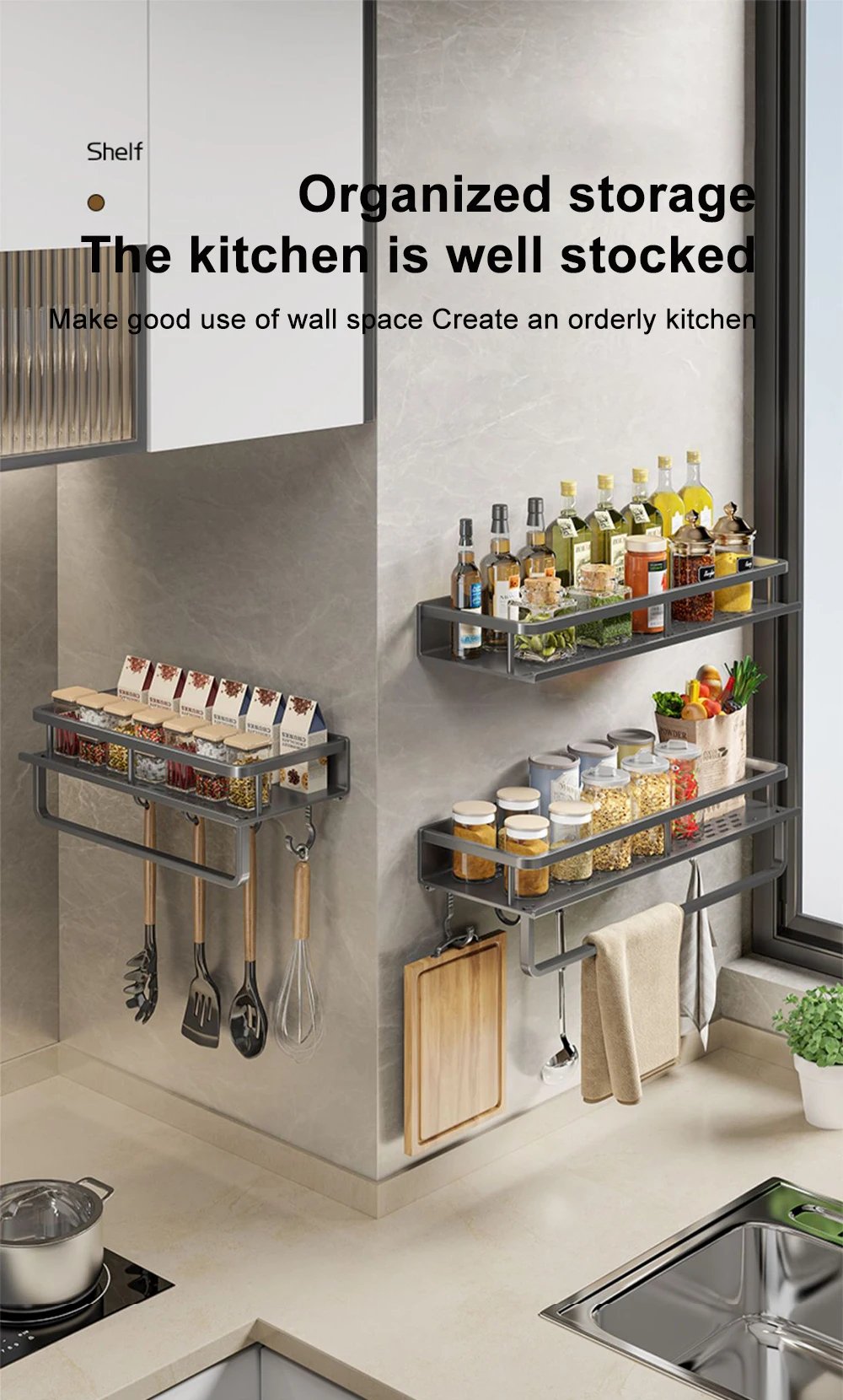 1/2Pcs No Punch Spice Rack Wall Mounted Kitchen Spice Organizer with Hook Rod Seasoning Rack Spice Shelf Bathroom Kitchen Shelf