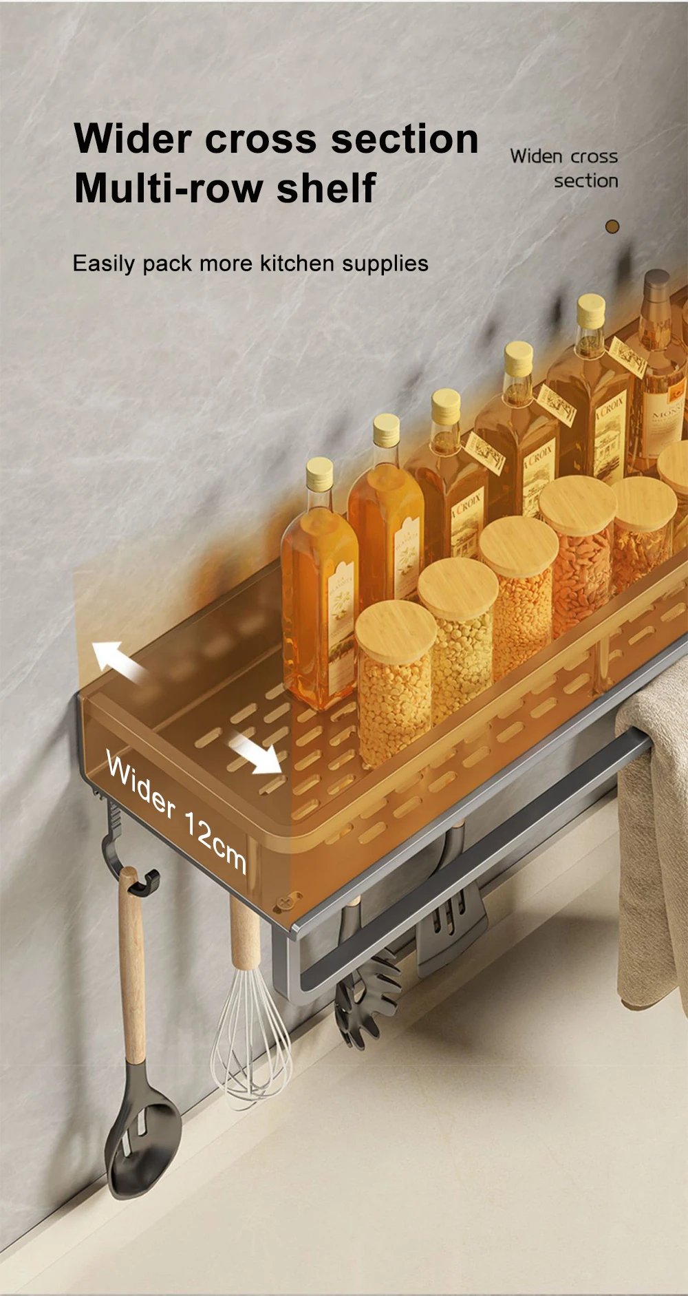 1/2Pcs No Punch Spice Rack Wall Mounted Kitchen Spice Organizer with Hook Rod Seasoning Rack Spice Shelf Bathroom Kitchen Shelf