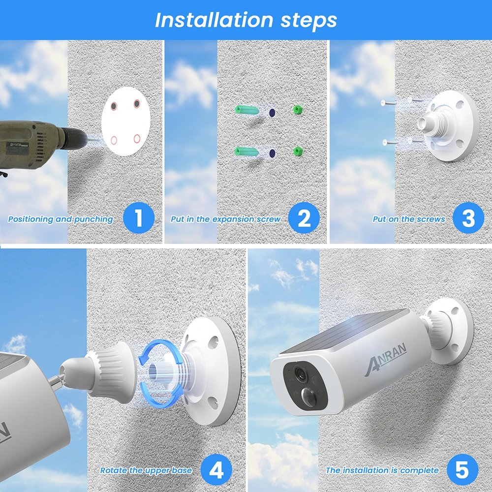 ANRAN Outdoor Solar Security Camera with Battery 3MP 2.4G WIFI Camera Battery Cloud Storage Color Night Vision Can't Add NVR ANRAN Outdoor Solar Security Camera with Battery 3MP 2.4G WIFI Camera Battery Cloud Storage Color Night Vision Can't Add NVR