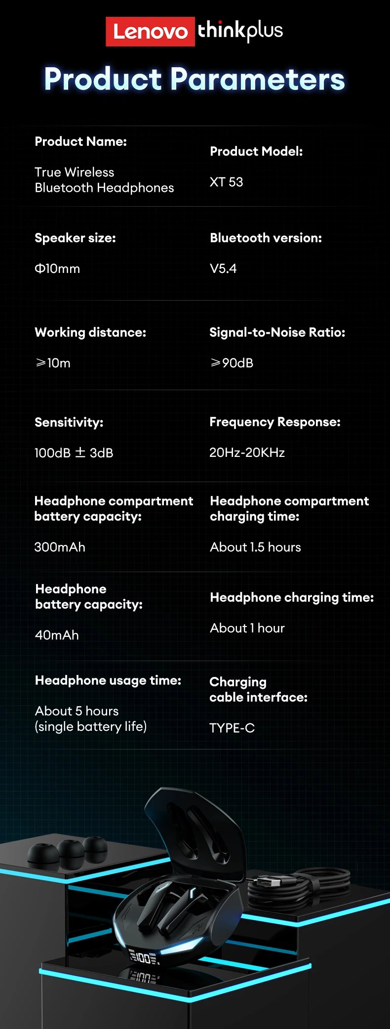 New Lenovo XT53 Wireless Bluetooth 5.4 Earphones LED Digital Display Waterproof Earbuds Noise Cancelling HD Voice Gaming Headset