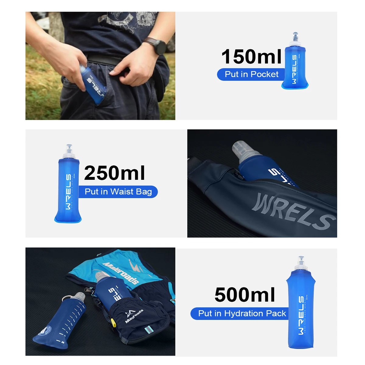 WRELS Camping Soft Water Bottle Drinking Sport Folding Bag Flask Outdoor Running Hydration Pack Waist Bicycle BPA Free