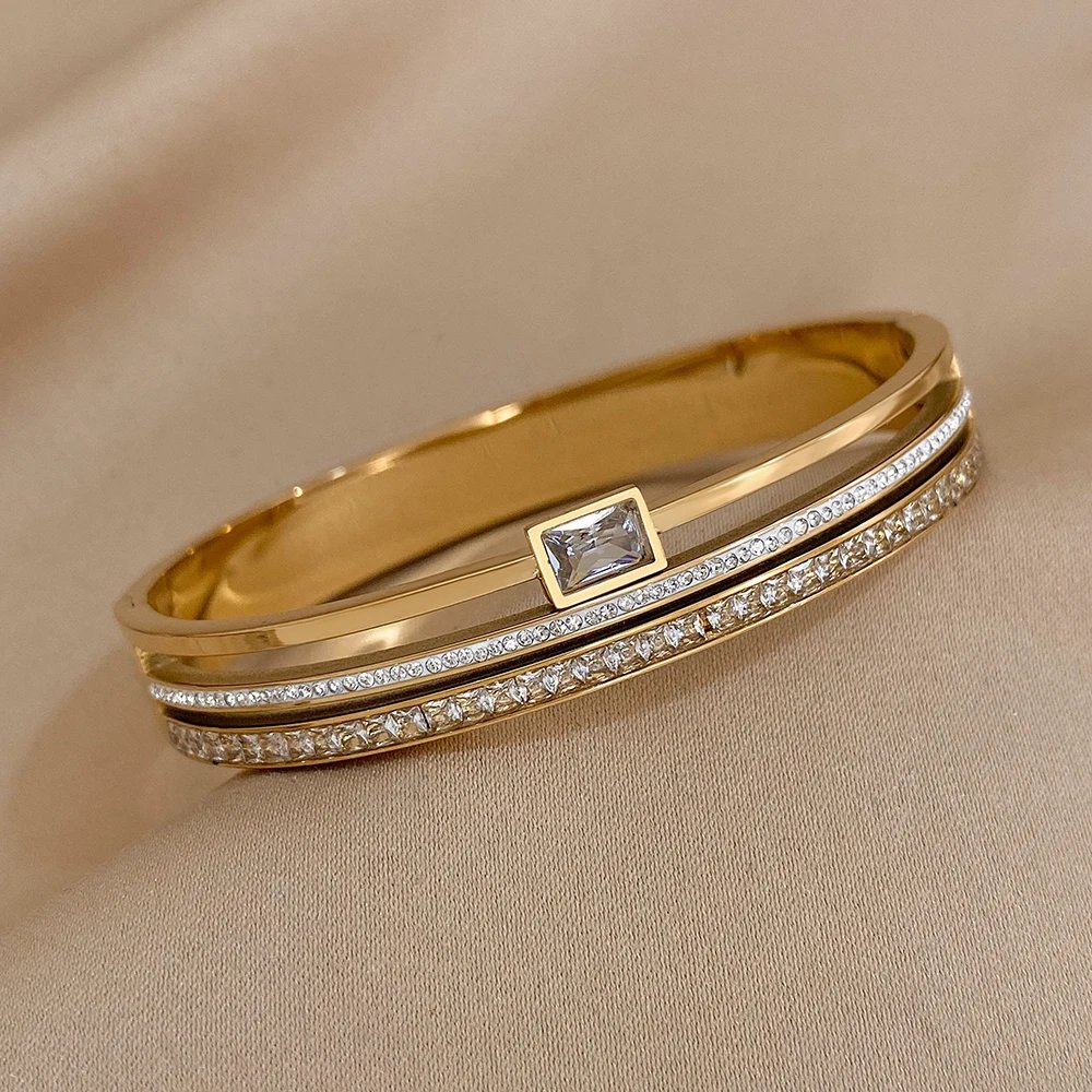 Luxury Stainless Steel Cuff Bracelet For Women Mens Gold Silver Color Couple Bracelets Green White Rhinestone Wide Bangle Gift Luxury Stainless Steel Cuff Bracelet For Women Mens Gold Silver Color Couple Bracelets Green White Rhinestone Wide Bangle Gift