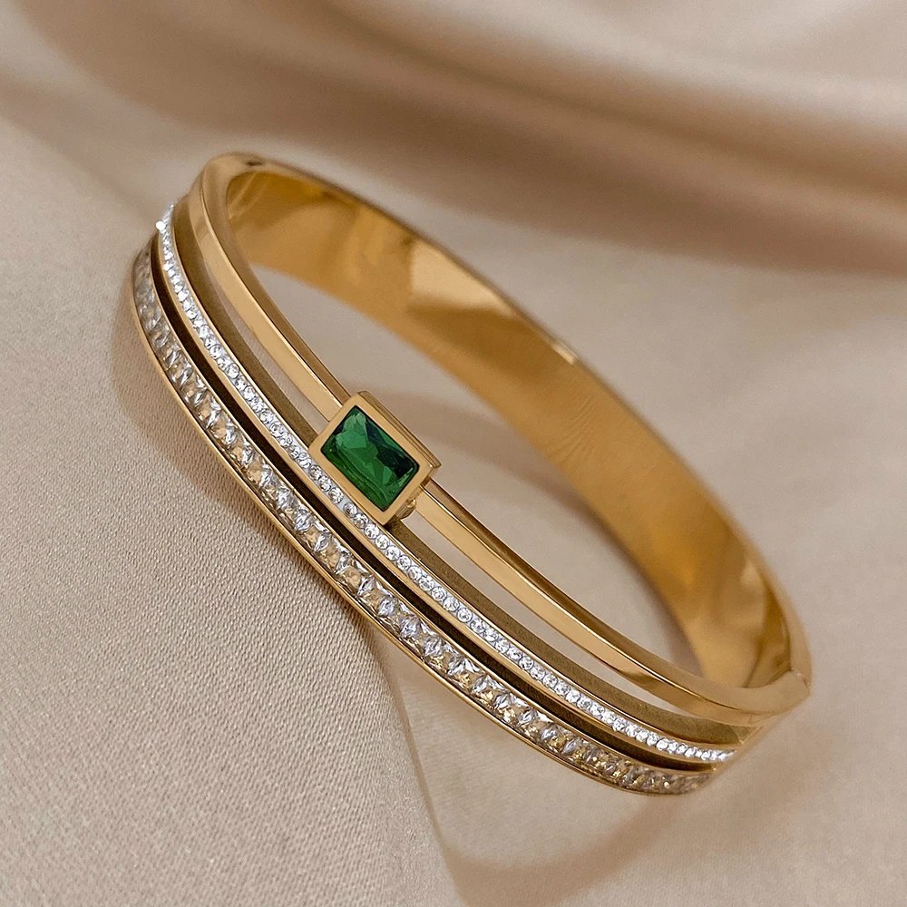 Luxury Stainless Steel Cuff Bracelet For Women Mens Gold Silver Color Couple Bracelets Green White Rhinestone Wide Bangle Gift Luxury Stainless Steel Cuff Bracelet For Women Mens Gold Silver Color Couple Bracelets Green White Rhinestone Wide Bangle Gift