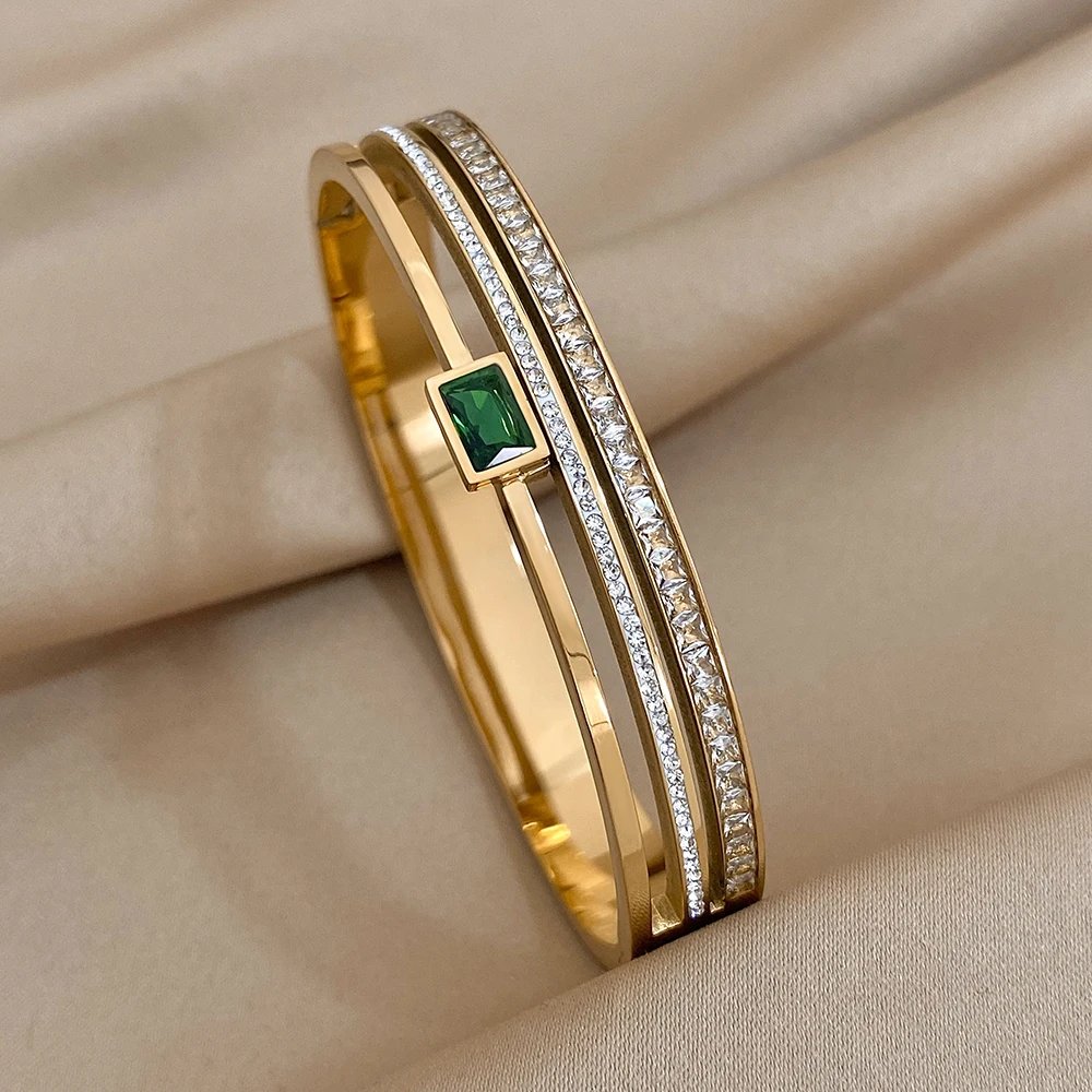 Luxury Stainless Steel Cuff Bracelet For Women Mens Gold Silver Color Couple Bracelets Green White Rhinestone Wide Bangle Gift Luxury Stainless Steel Cuff Bracelet For Women Mens Gold Silver Color Couple Bracelets Green White Rhinestone Wide Bangle Gift
