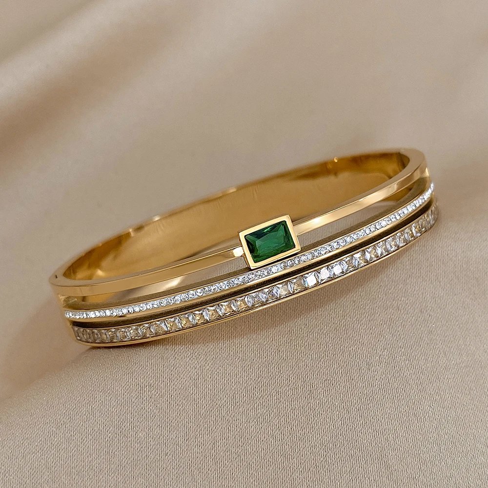 Luxury Stainless Steel Cuff Bracelet For Women Mens Gold Silver Color Couple Bracelets Green White Rhinestone Wide Bangle Gift Luxury Stainless Steel Cuff Bracelet For Women Mens Gold Silver Color Couple Bracelets Green White Rhinestone Wide Bangle Gift