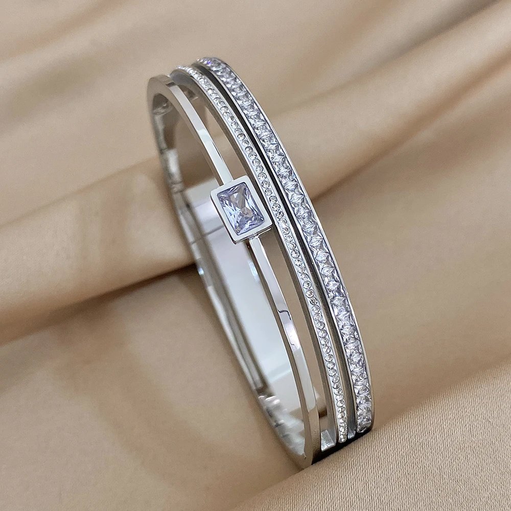 Luxury Stainless Steel Cuff Bracelet For Women Mens Gold Silver Color Couple Bracelets Green White Rhinestone Wide Bangle Gift Luxury Stainless Steel Cuff Bracelet For Women Mens Gold Silver Color Couple Bracelets Green White Rhinestone Wide Bangle Gift