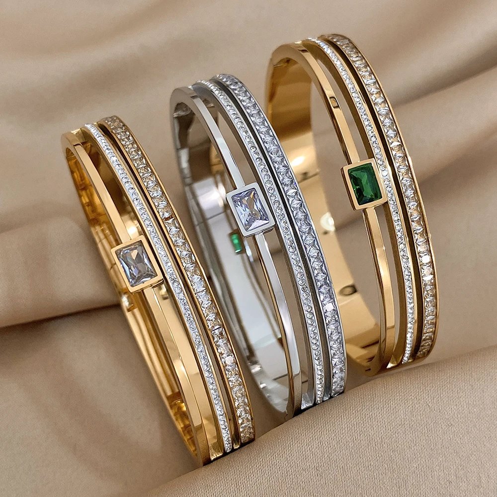 Luxury Stainless Steel Cuff Bracelet For Women Mens Gold Silver Color Couple Bracelets Green White Rhinestone Wide Bangle Gift Luxury Stainless Steel Cuff Bracelet For Women Mens Gold Silver Color Couple Bracelets Green White Rhinestone Wide Bangle Gift