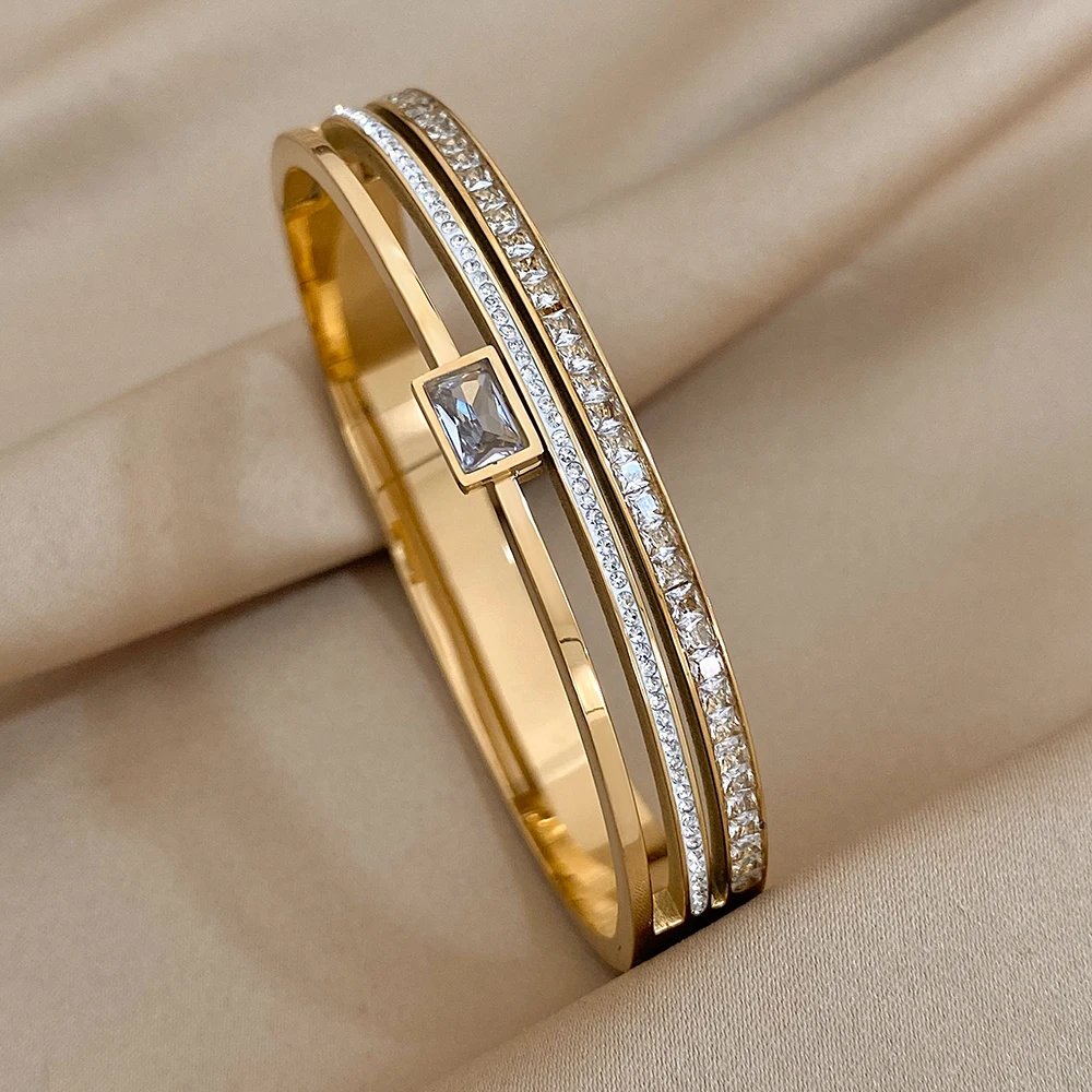 Luxury Stainless Steel Cuff Bracelet For Women Mens Gold Silver Color Couple Bracelets Green White Rhinestone Wide Bangle Gift Luxury Stainless Steel Cuff Bracelet For Women Mens Gold Silver Color Couple Bracelets Green White Rhinestone Wide Bangle Gift