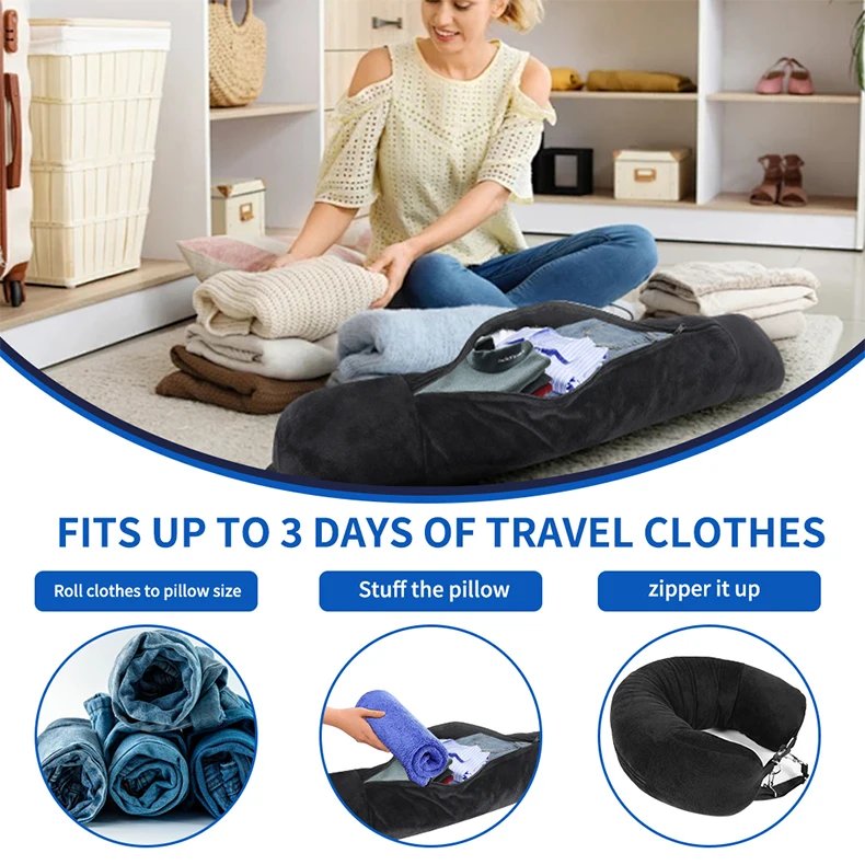 Travel Neck Pillow with Fillable Clothing U-Shaped Pillowcase, Extra Storage Bag, Velvet Neck Pillow Cover for Airplane Travel