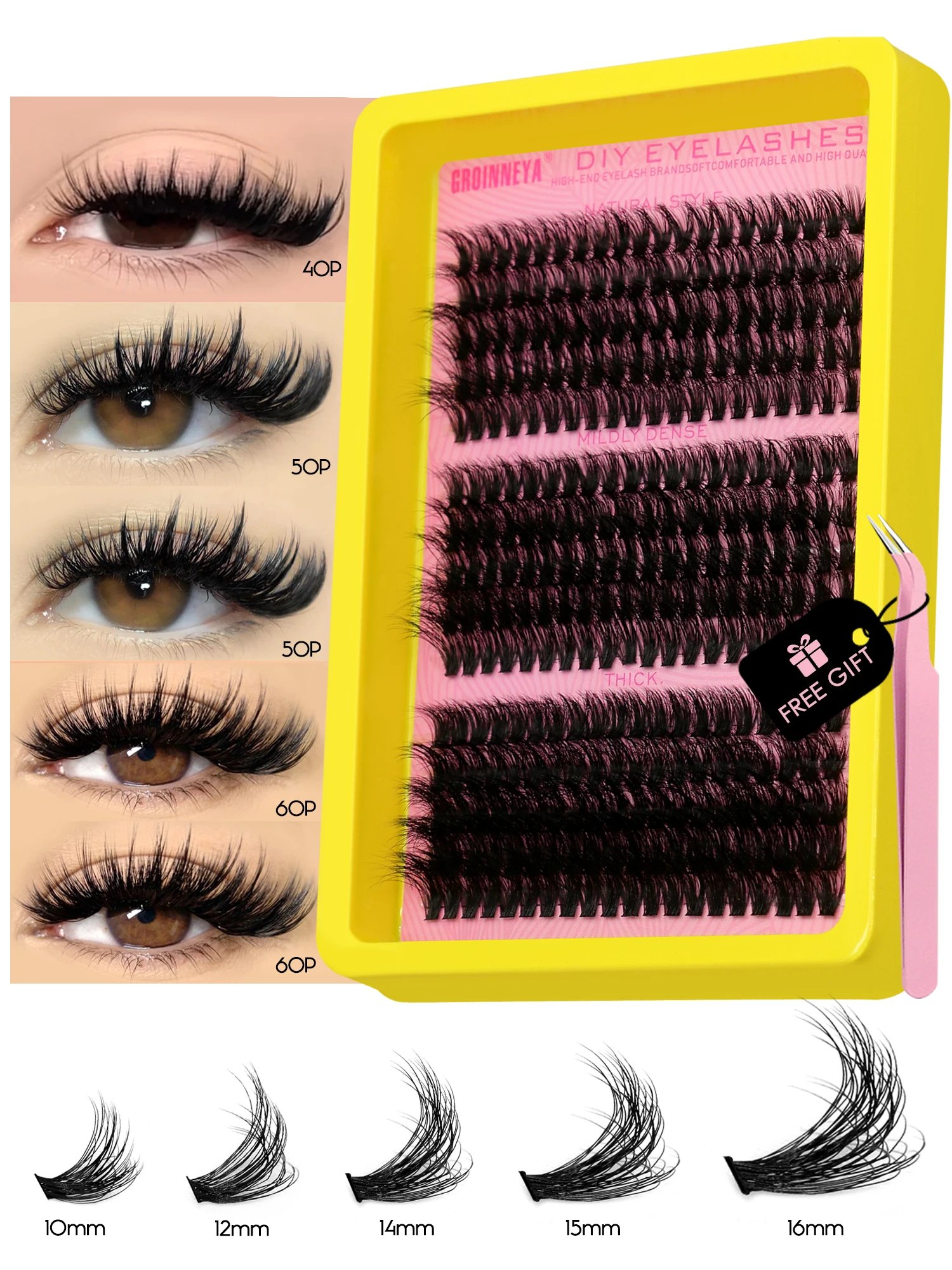 GROINNEYA Cluster Lashes Kit Fluffy Individual Lashes Volume Mixed Tray Faux Mink Lashes Eyelash Extension Makeup GROINNEYA Cluster Lashes Kit Fluffy Individual Lashes Volume Mixed Tray Faux Mink Lashes Eyelash Extension Makeup