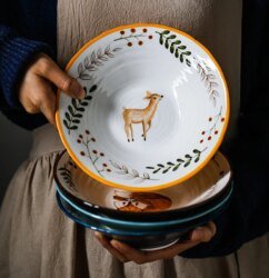 "8-Inch Ceramic Noodle Bowl Forest Animal Design for Pasta, Ramen, and Noodles"