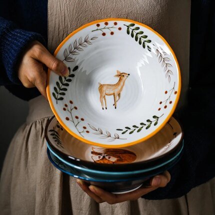 "8-Inch Ceramic Noodle Bowl Forest Animal Design for Pasta, Ramen, and Noodles"
