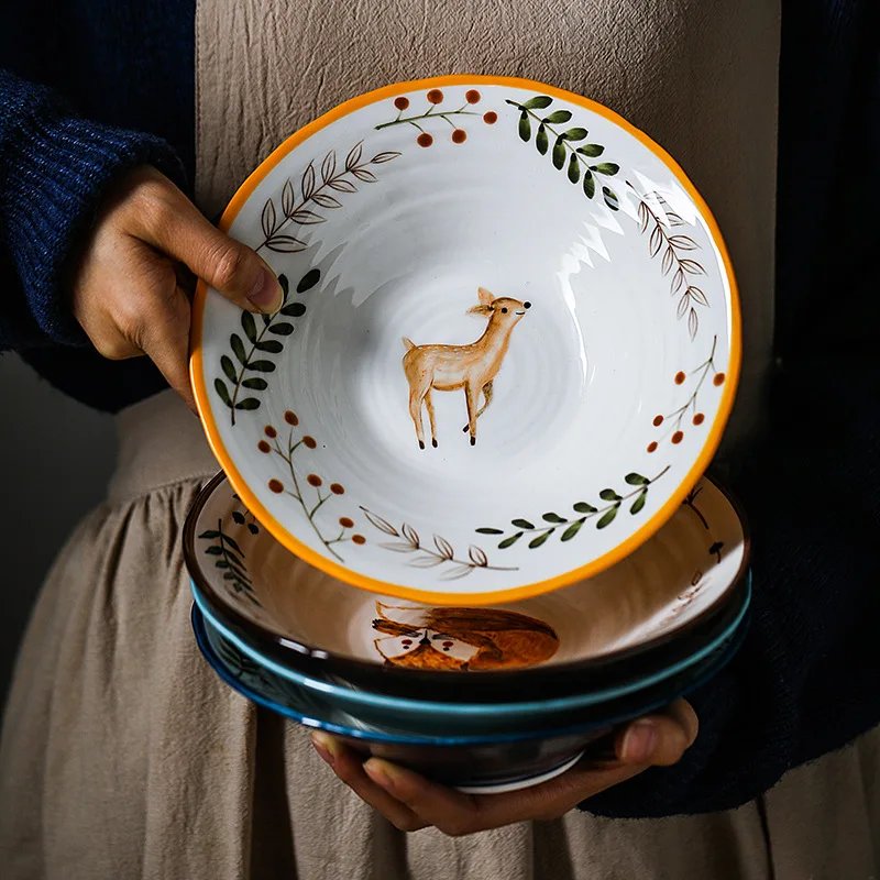 "8-Inch Ceramic Noodle Bowl Forest Animal Design for Pasta, Ramen, and Noodles"